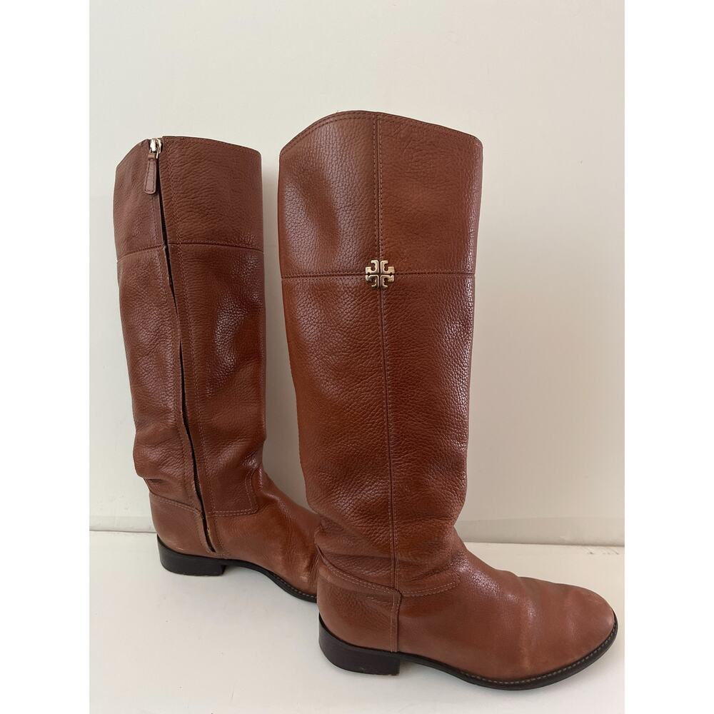 Tory Burch Riding Boots Women 8M Brown Leather Knee High Logo Zip Equestrian